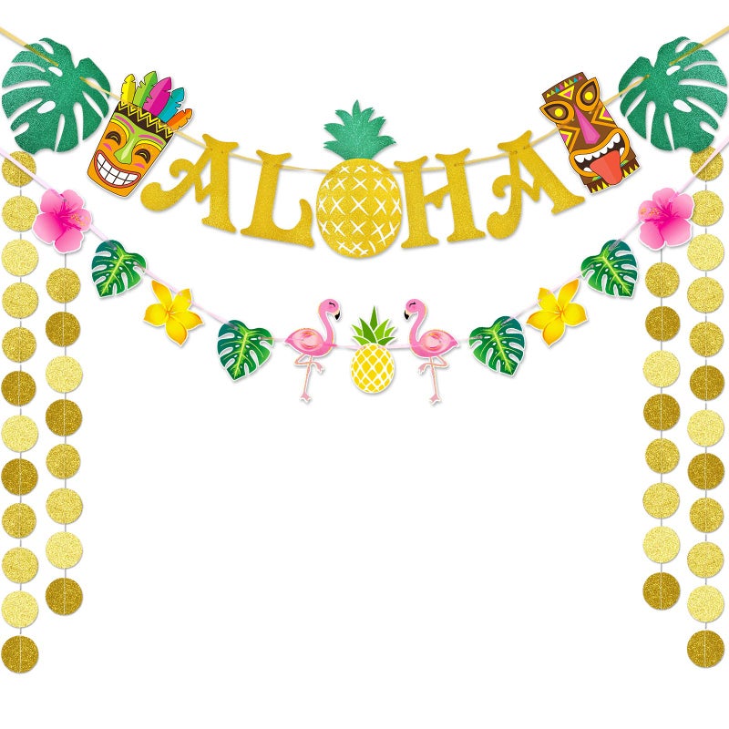 WERNNSAI Hawaiian Aloha Party Banner Decorations - Flamingo Pineapple Tiki Tropical Luau Party Supplies Favors Large Gold Glittery Aloha Sign Flag for Birthday Wedding Summer Beach Pool - Image 1